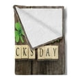 thumbnail image 2 of St. Patrick's Day Soft Flannel Fleece Blanket, Greetings with Wooden Blocks and Paper Shamrocks on Rustic Planks Image, Cozy Plush for Indoor and Outdoor Use, 50" x 70", Umber Beige, by Ambesonne, 2 of 5