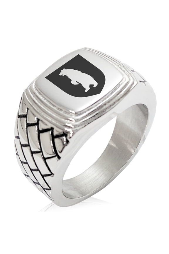Stainless Steel Bear Ferocity Coat of Arms Shield Geometric Pattern Step-Down Biker Style Polished Ring