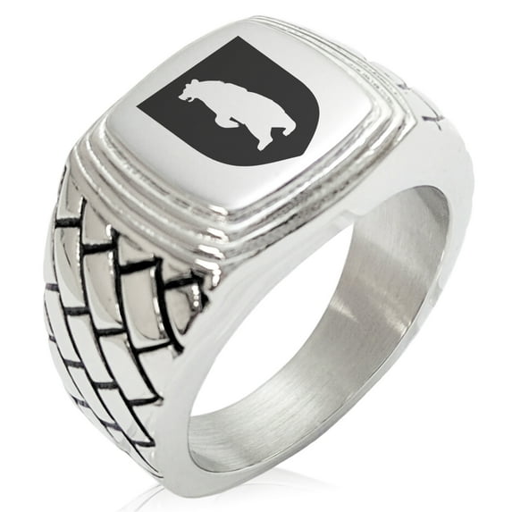 Stainless Steel Bear Ferocity Coat of Arms Shield Geometric Pattern Step-Down Biker Style Polished Ring