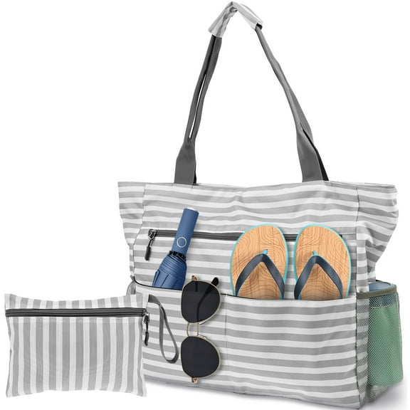 Grusce Waterproof Beach Bags, Sandproof Women Tote Bag with Zipper, Foldable Large Beach Bag with Multiple Pockets for Travel Pool Shopping Holiday Gym