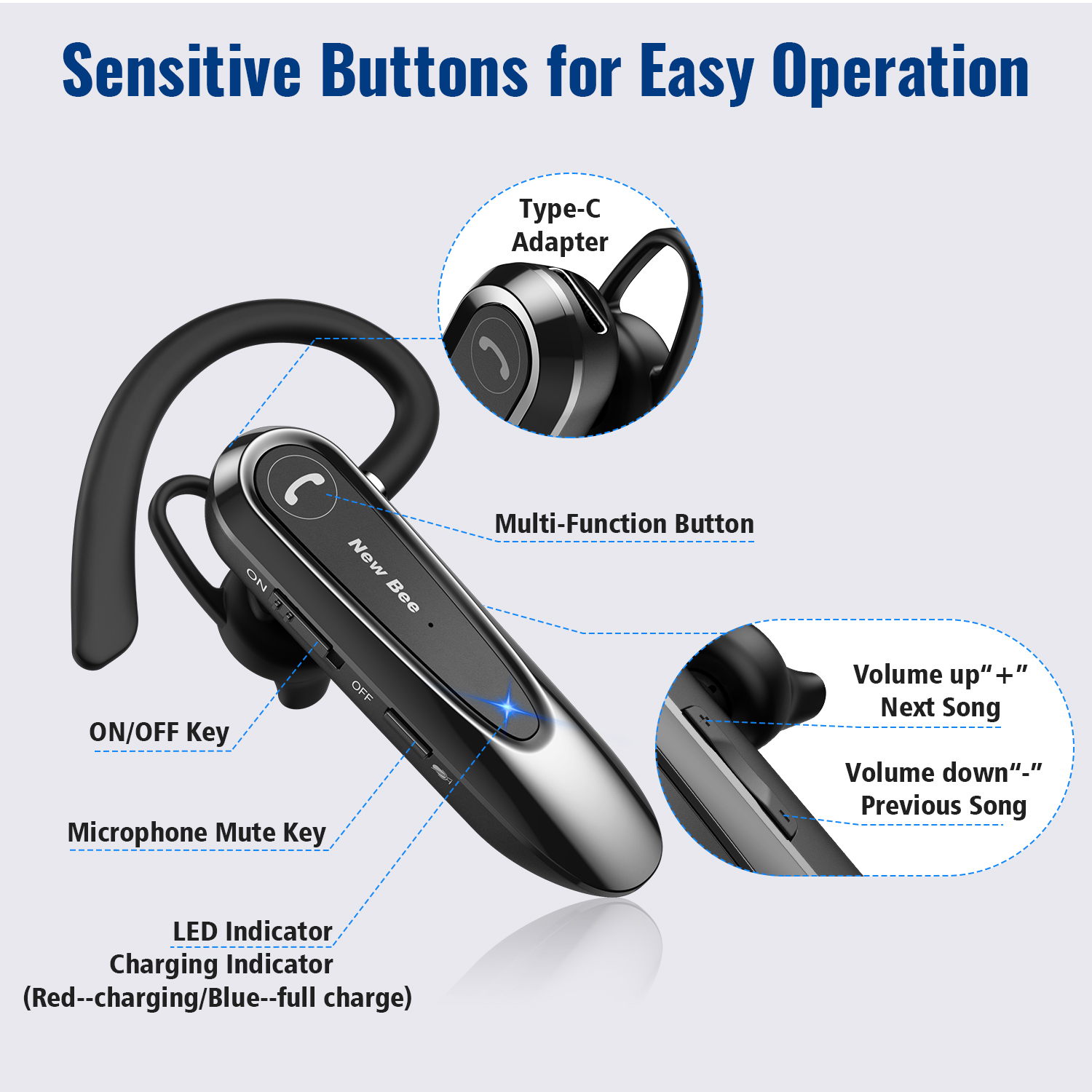 New Bee Enc Noise Cancelling Bluetooth Headset Wireless Bluetooth Earpiece  for Drivring/Business/Office