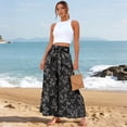 thumbnail image 4 of Women's Elastic High Waist Ruffle Wide Leg Pants Loose Beach Palazzo Pants Black 2XL, 4 of 5