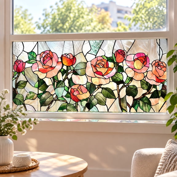 Retro Floral Stained Glass Window Film, Privacy Static Cling Rainbow Decor 39.37x17.7in