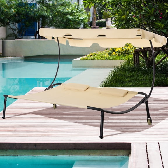 Outsunny Patio Double Chaise Lounge Chair, Outdoor Wheeled Hammock Daybed with Adjustable Canopy and Pillow for Sun Room, Garden, or Poolside, Beige