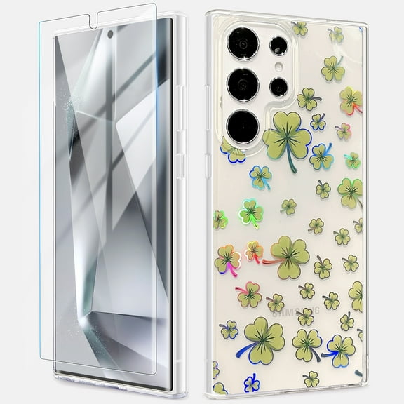 Dteck for Samsung Galaxy S23 Ultra Case with Screen Protector, Military Grade Drop Protection Floral Clear Slim Shockproof Phone Cover for Women,Clover