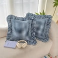 thumbnail image 2 of 2 Pack 18 x18 inches blue Checkered Throw Gingham pillow covers 100% Washed Cotton Vintage Ruffle Trim Decorative Gingham Pillowcases with Zipper Closure for Bed/Living Room, 2 of 6