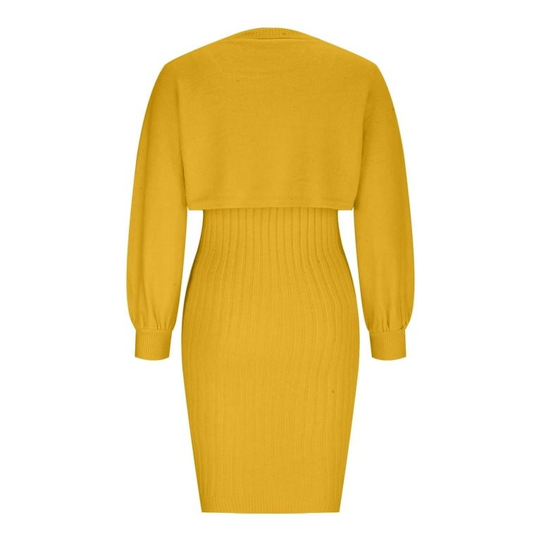 Lovskoo Women's Long Sleeve Sweater Dresses 2 Piece Outfits Sets Ribbed Knit  Crop Tops and Tank Bodycon Midi Dress Yellow - Walmart.com