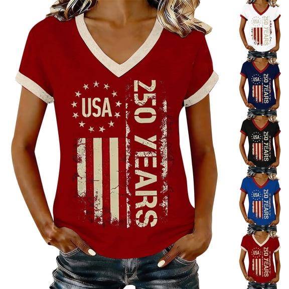 YVNAURA America 250 Shirt for Women V Neck Patriotic Tee 250th Anniversary USA Flag Top 4th July Semiquincentennial 1776-2026 Independence Day Outfit Summer Casual T Shirt, Red, L
