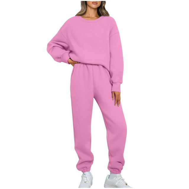 Pisexur Ensemble Pantalon 2 Pcs Mode Décontractée Ensemble de Survêtement Uni pour Femmes Chandails à Manches Longues à Col Rond Hauts à Enfiler Pantalons Longs Élastiques Survêtements Ensembles de Détente P-3TG