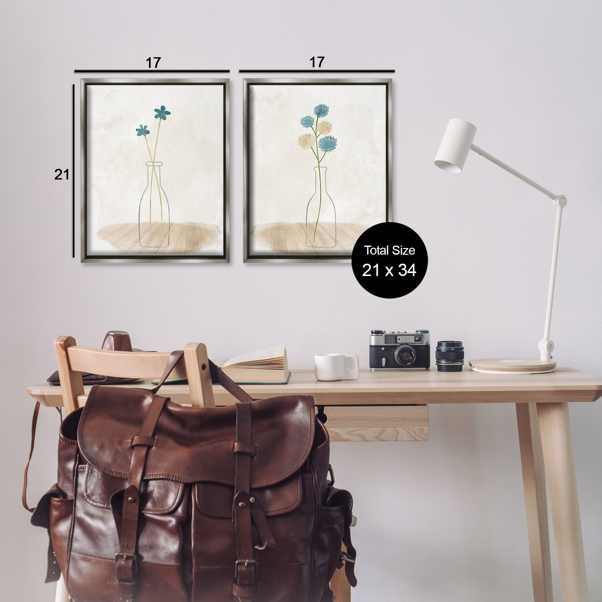 Stupell Industries Simple Flower Sprigs Clear Vase Plants & Flowers Painting Gray Floater Framed Canvas Art Print Wall Art, 17 x 21, Set of 2