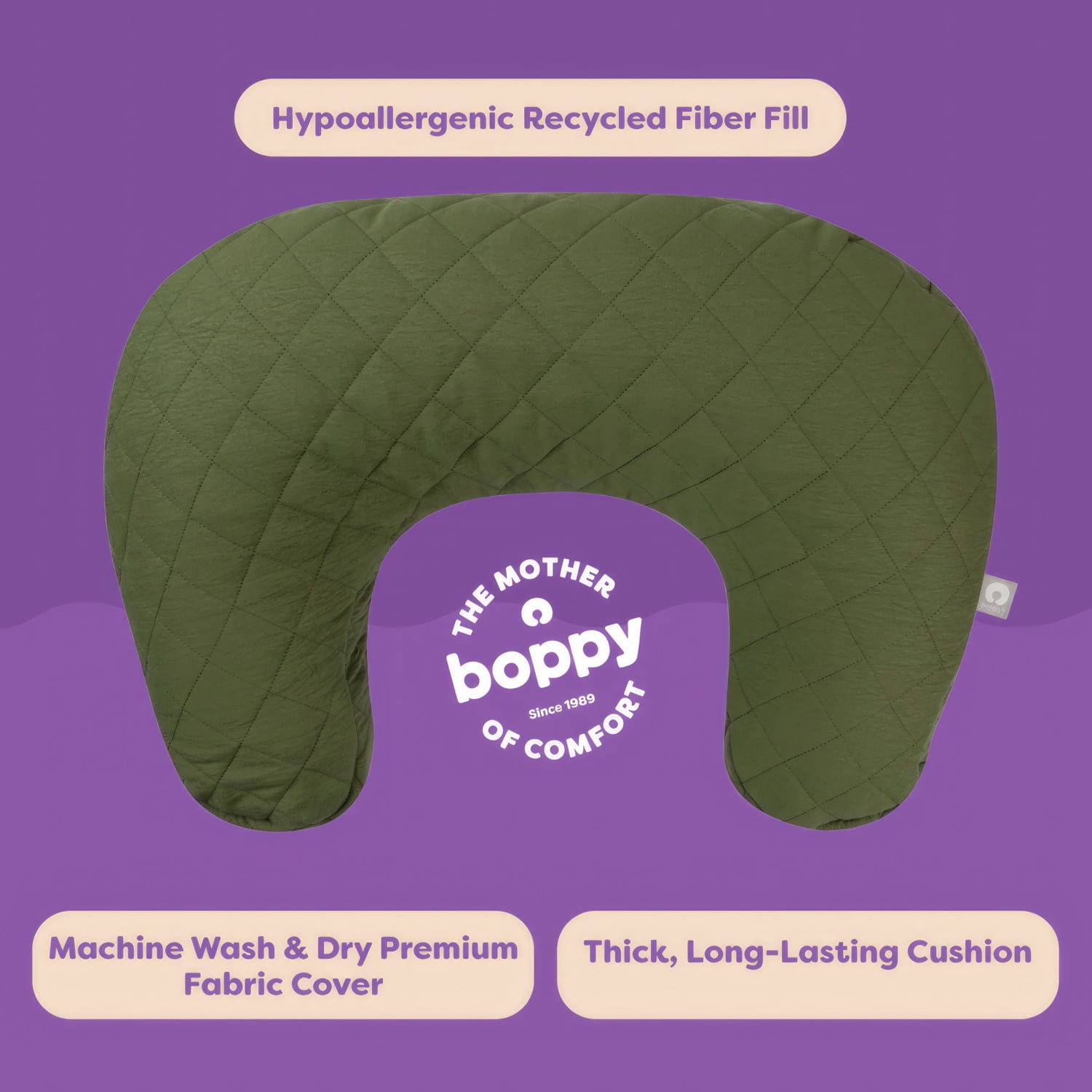 Boppy Nursing Pillow - Ergonomic Bottle & Breastfeeding Pillow, Higher, Firmer & Larger, Water-Repellent with Washable Premium Fabric Cover, Baby Safety Alliance Verified - Quilted Moss