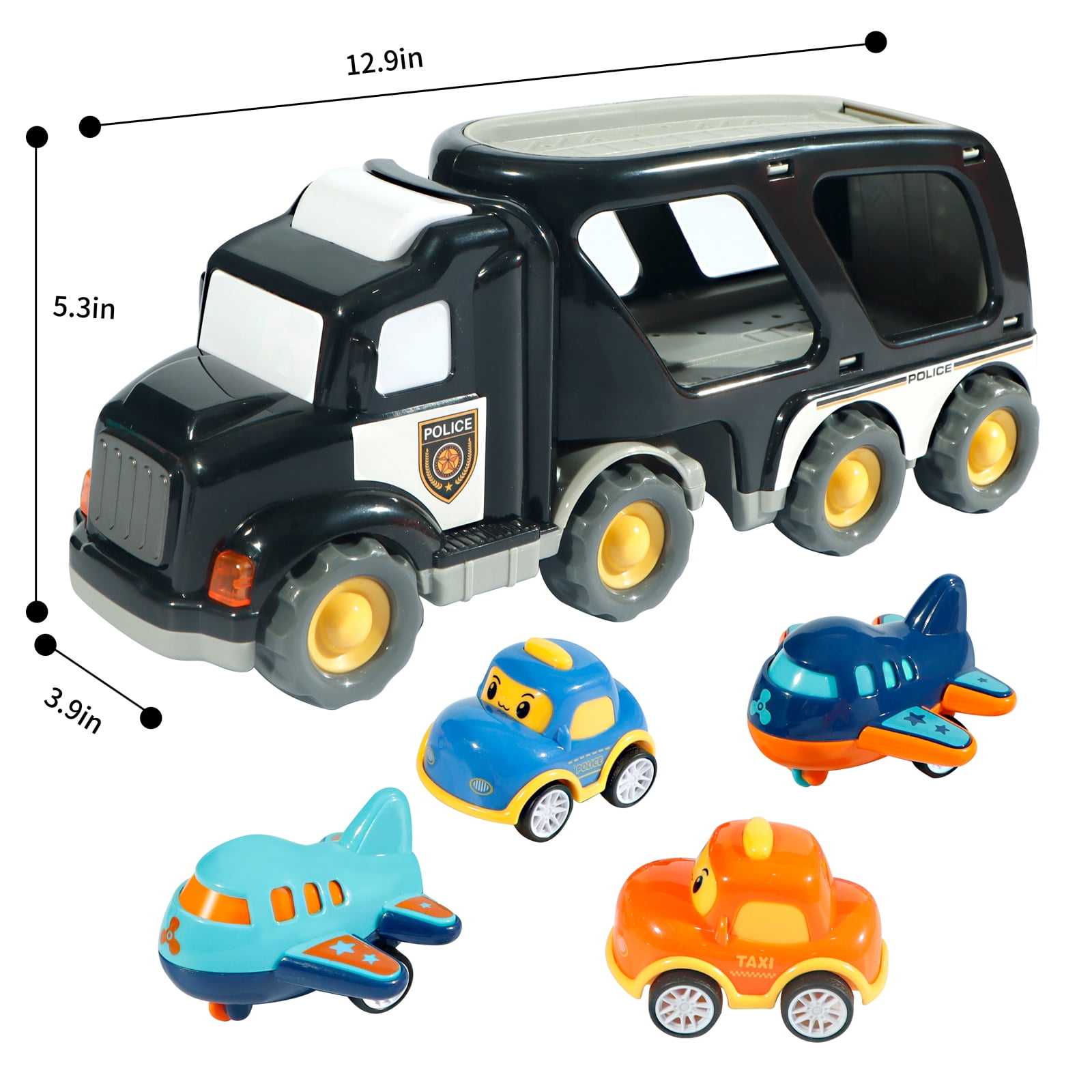 Truck Toys for 3 4 5 6 Years Old Boys Girls - 5 in 1 Carrier Cartoon Shape Transport for Toddlers 1-3, Friction Power Vehicles for Kids 3-5, Christmas New Year Birthday Gifts - Age 3-9, Black