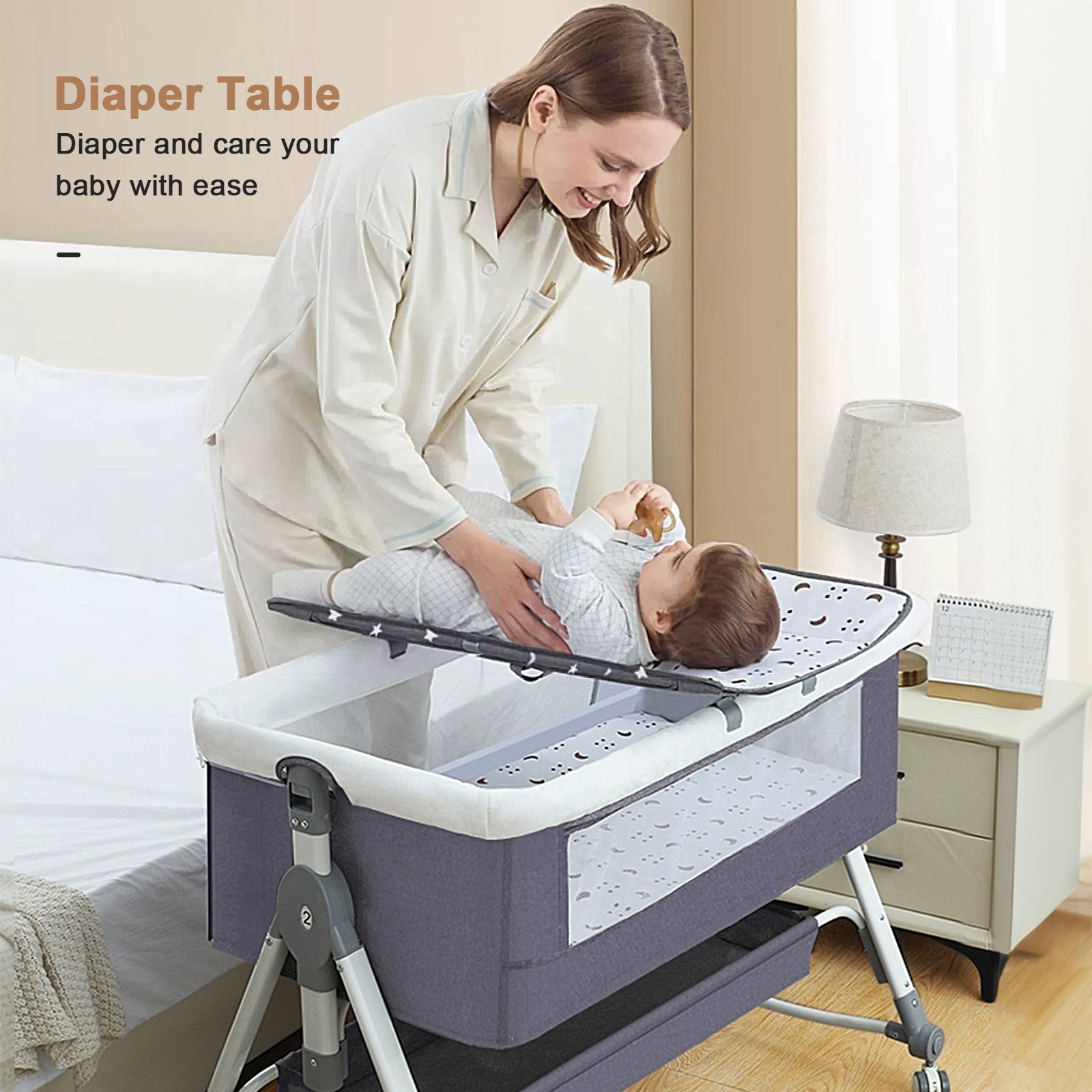 JUANYU Multifunctional Bedside Cradle with Adjustable Height ,Two-in-One Mosquito Net Design for Baby Safety and Comfort, Gray