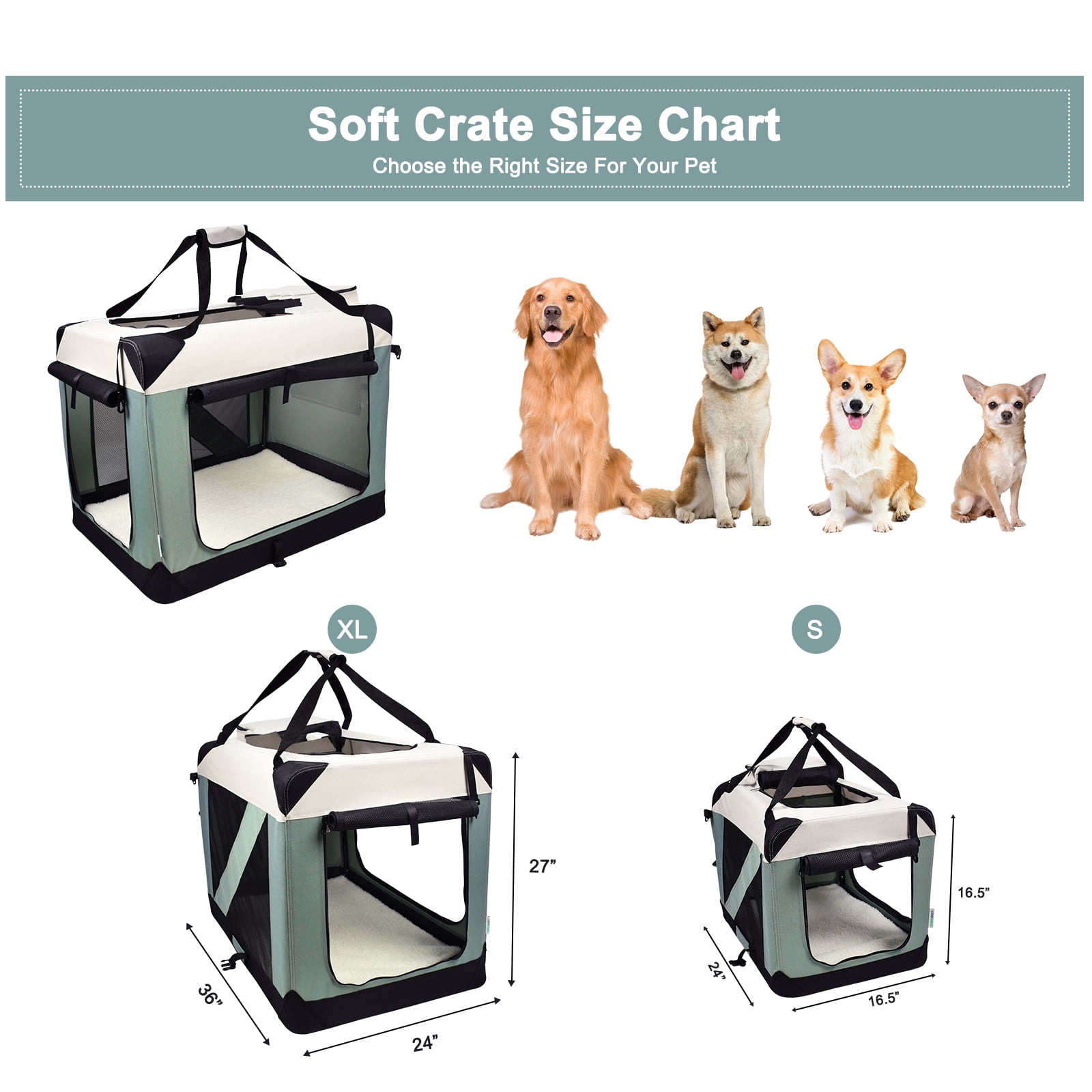 ZAKAPAWS Collapsible Soft Dog Crate, Portable 3 Door Dog Kennel, Travel Pet Crate Carrier for Indoor and Outdoor (Shale Green, 24" L x 16.5" W x 16.5" H)