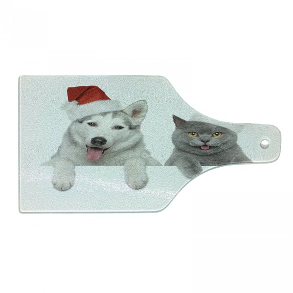 Christmas Cutting Board, Dog and Cat in Santa Red Hats Funny Puppy and Kitty Domestic Pet Animal, Decorative Tempered Glass Cutting and Serving Board, Wine Bottle Shape, White Grey Red, by Ambesonne