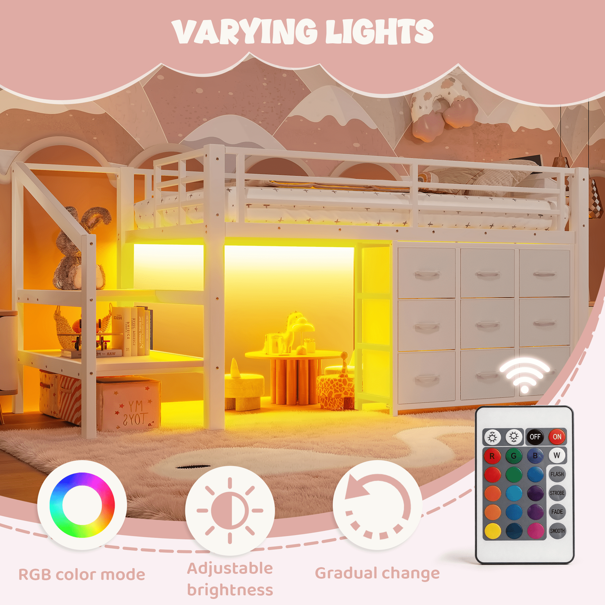 Leumius Twin Size Loft Bed with Storage Drawers and Stairs,Metal Loft Bed with Lights and Ample Under-bed Spaces,Multi-Storage Spaces,White