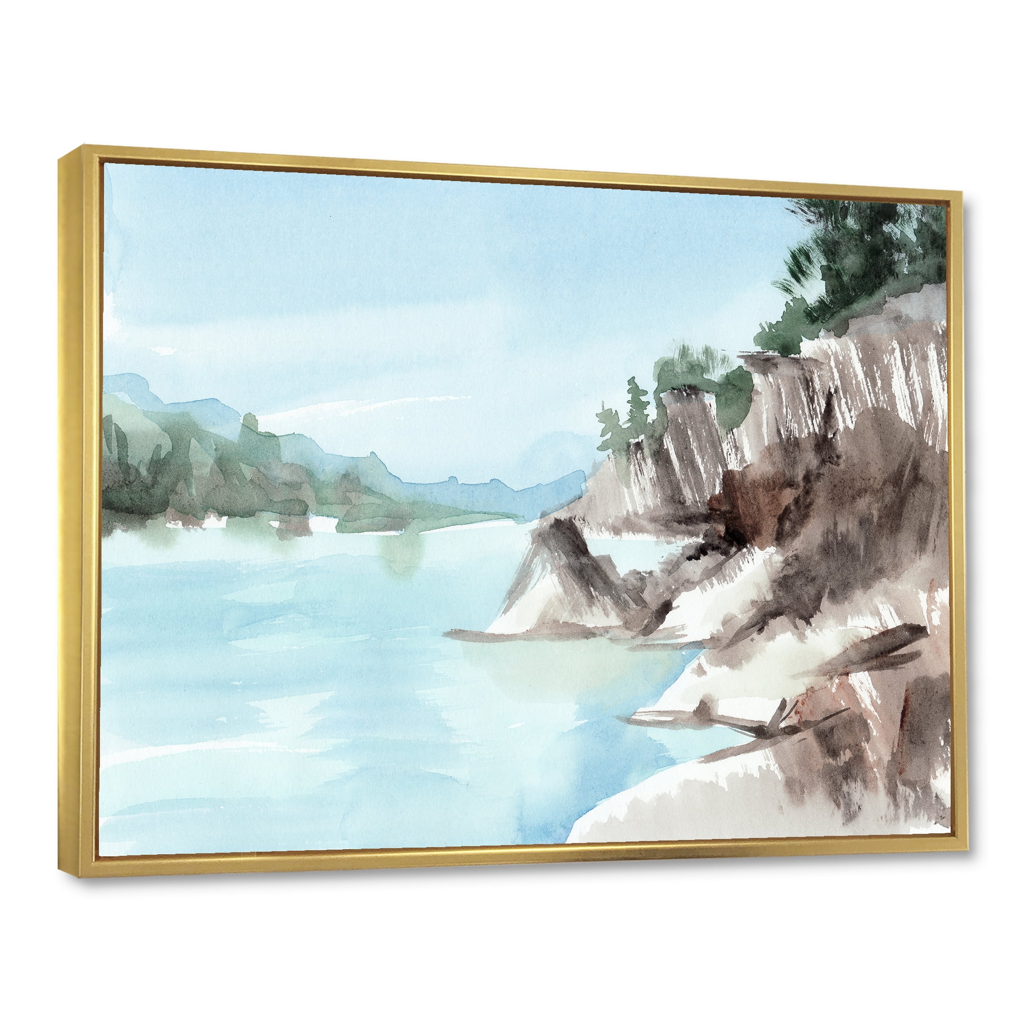 Designart 'Rocks With The Blue Lake' Lake House Framed Canvas Wall Art Print