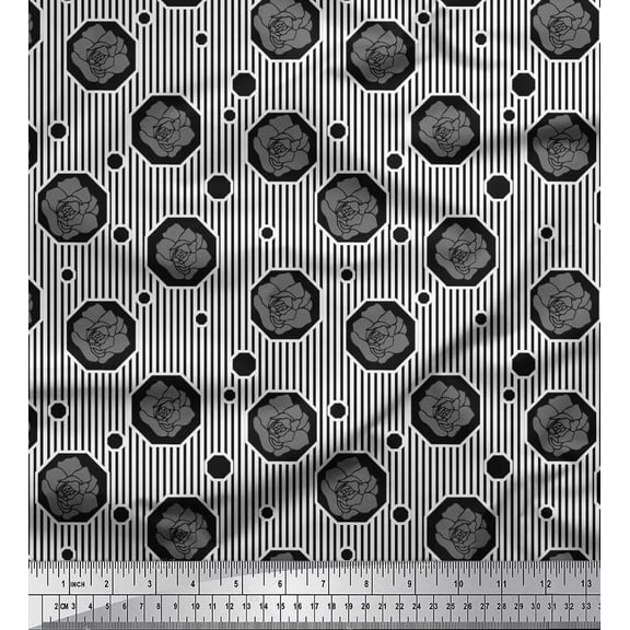 Soimoi Cotton Duck Fabric Stripe,Hexagon & Rose Floral Decor Fabric Printed Yard 42 Inch Wide