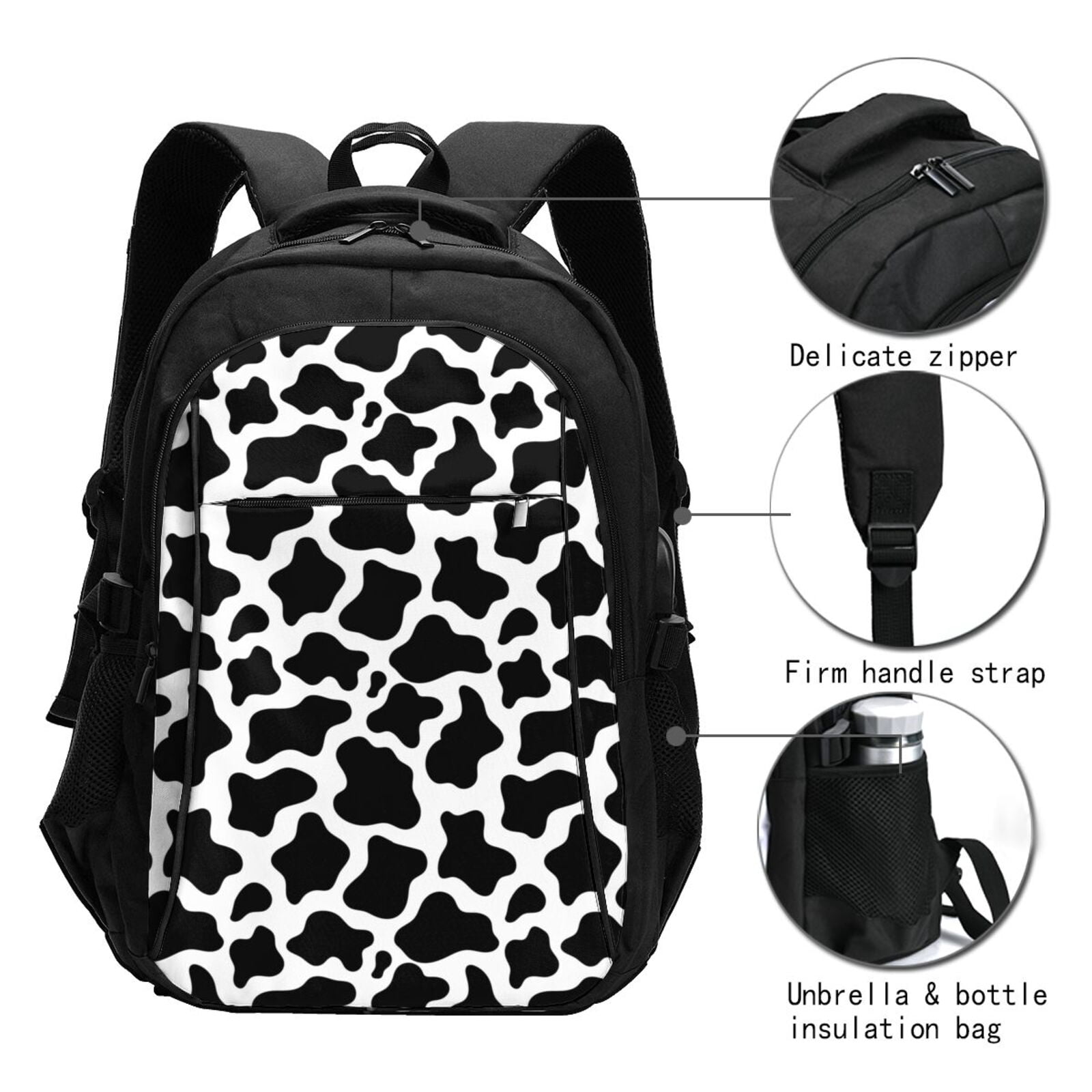 Vsdgher Cow Print Black White Print Travel Laptop Backpack, Laptops Backpack with USB Charging Port, Water Resistant Computer Bag Gift for Men & Women