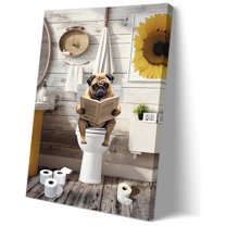 Funny Pug Dog Poster Bathroom Wall Art Pug on Toilet Reading Newspaper Poster Prints Painting Decoration Giclee Poster Printed Canvas Artwork