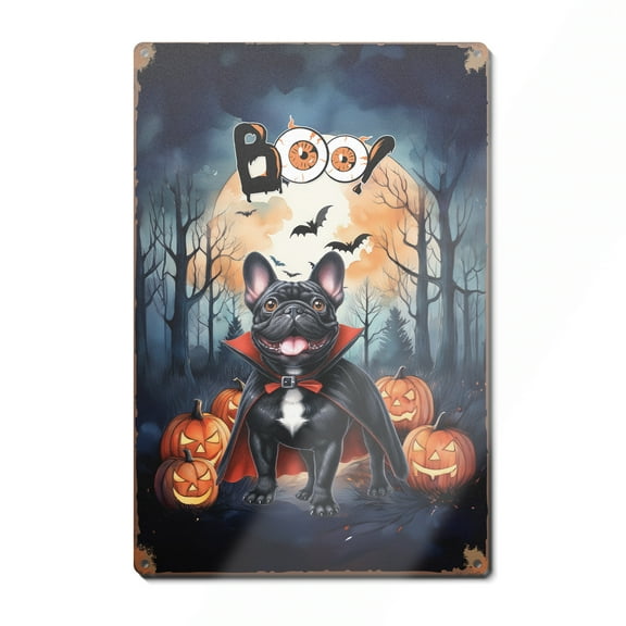 Happy Halloween Vampire French Bulldog BOO with Pumpkins Fun and Spooky Vertical Metal Aluminum Sign Dog Lover Gifts Wall Art Home Decor - 00018