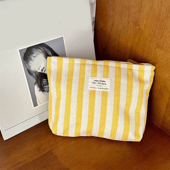 Striped Canvas Makeup Storage Bag – Portable Travel Cosmetic Pouch with Zipper,Multi-Functional Toiletry Organizer for Beauty Tools & Accessories