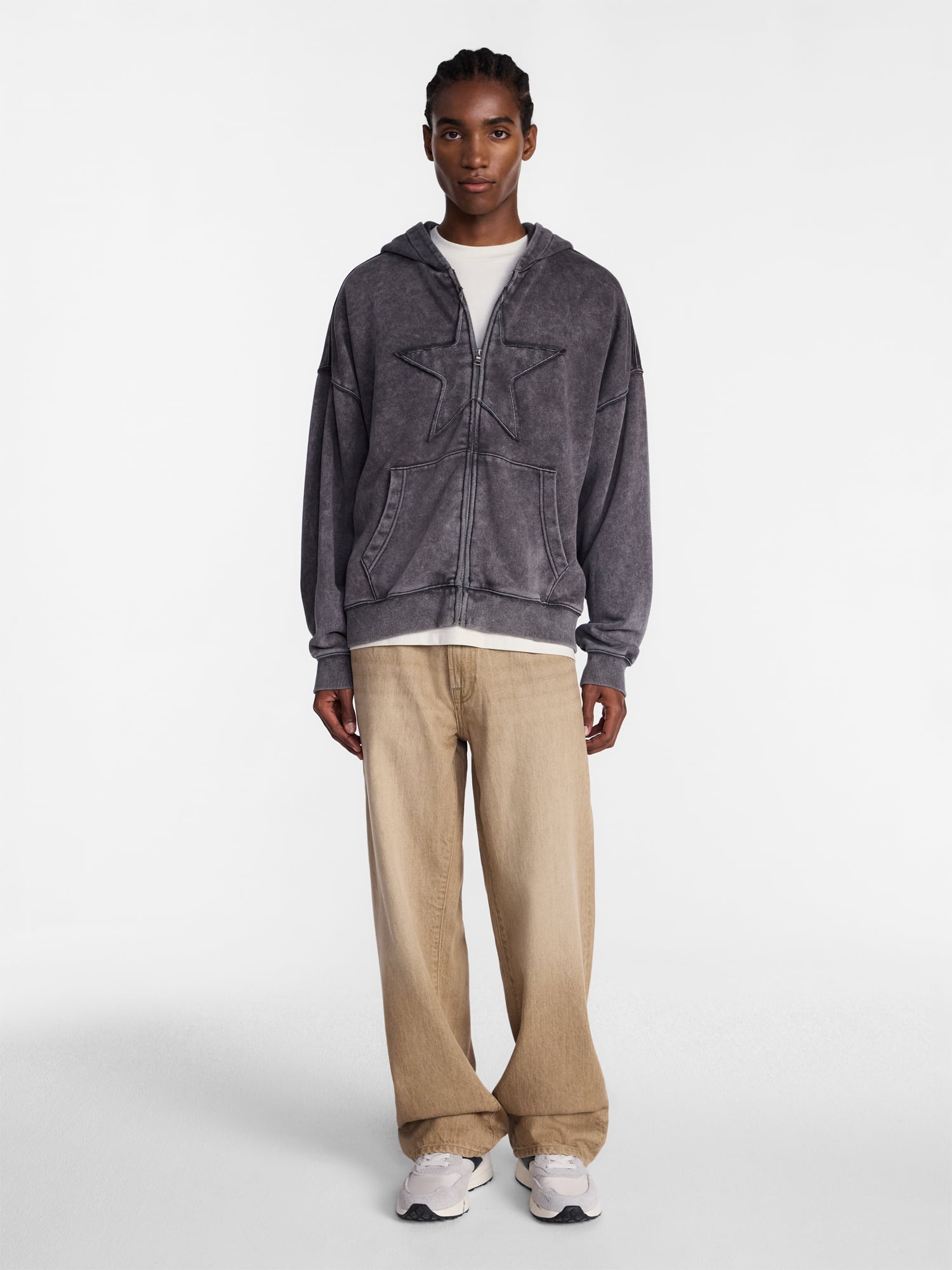 No Boundaries Zip Up Oversized Hoodie with Applique Detail, Men's and Big Men's XS-3XL