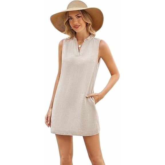 Fiophy 100% Linen Dress Sleeveless V Neck Tank Dress Summer Casual Above Knee Length Dresses with Ruffle Collar & Pockets,Flax, L
