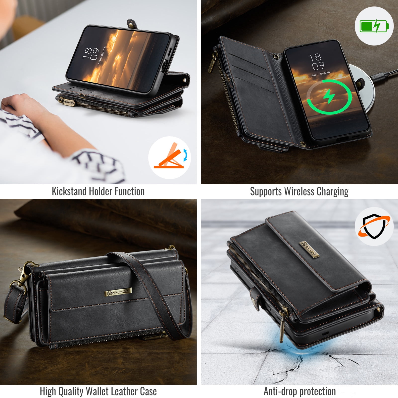 Decase Wallet Case for iPhone 16,Magnetic Flip Zipper Pocket PU Leather Phone Cover,Crossbody Flip Cover with RFID Card Slots,Black