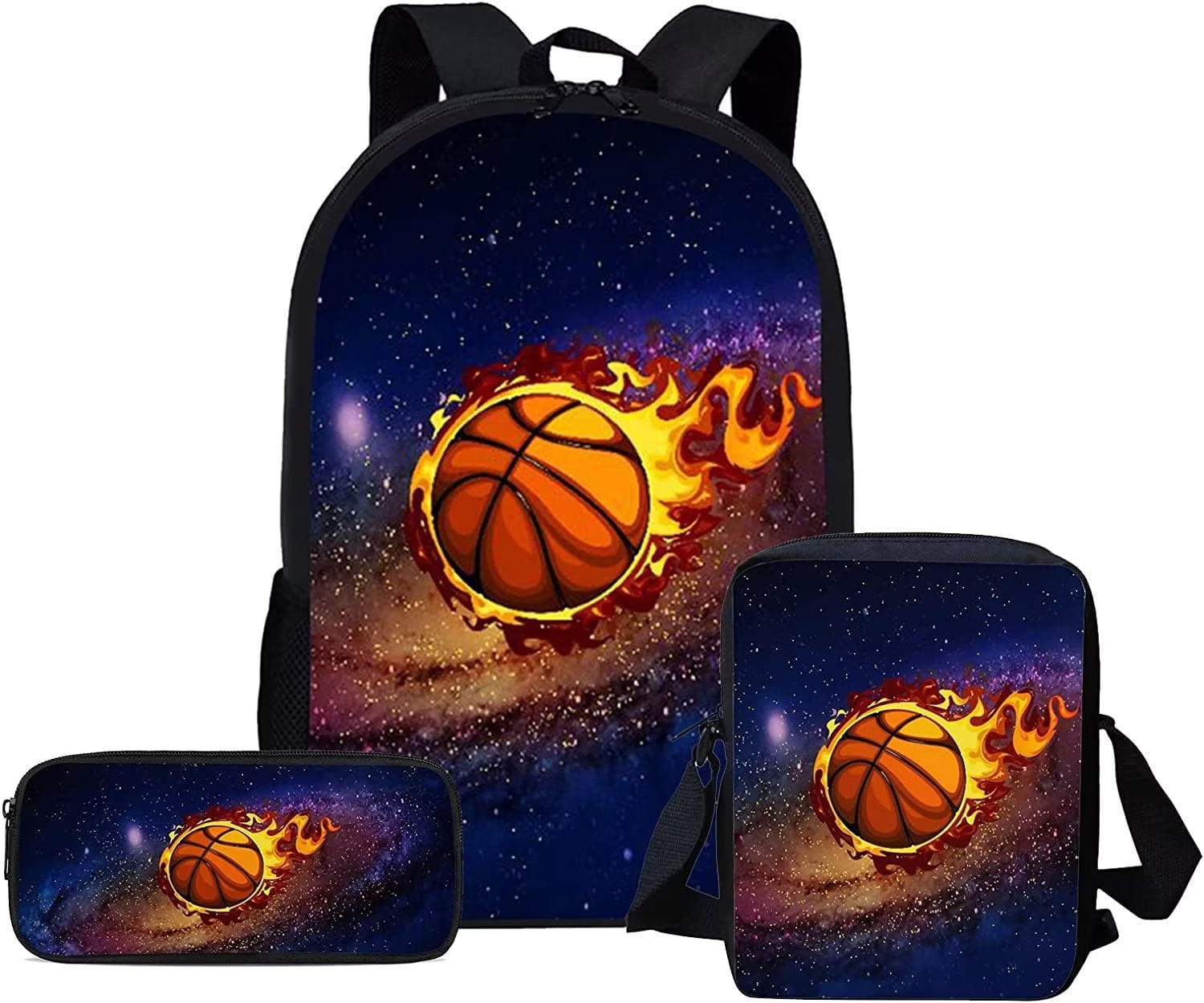 Renewold Boys School Bag Set Basketball Galaxy Backpack with Messenger Bag Pencil Case,Cool Bookbag Rucksack Elementary/Primary/Preschool Kids