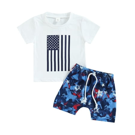 

Sunisery Newborn IBaby Boys 2pcs Summer Outfits Flag Print T-Shirt Tops Stars Shorts Independence Day Set White 0-6 Months