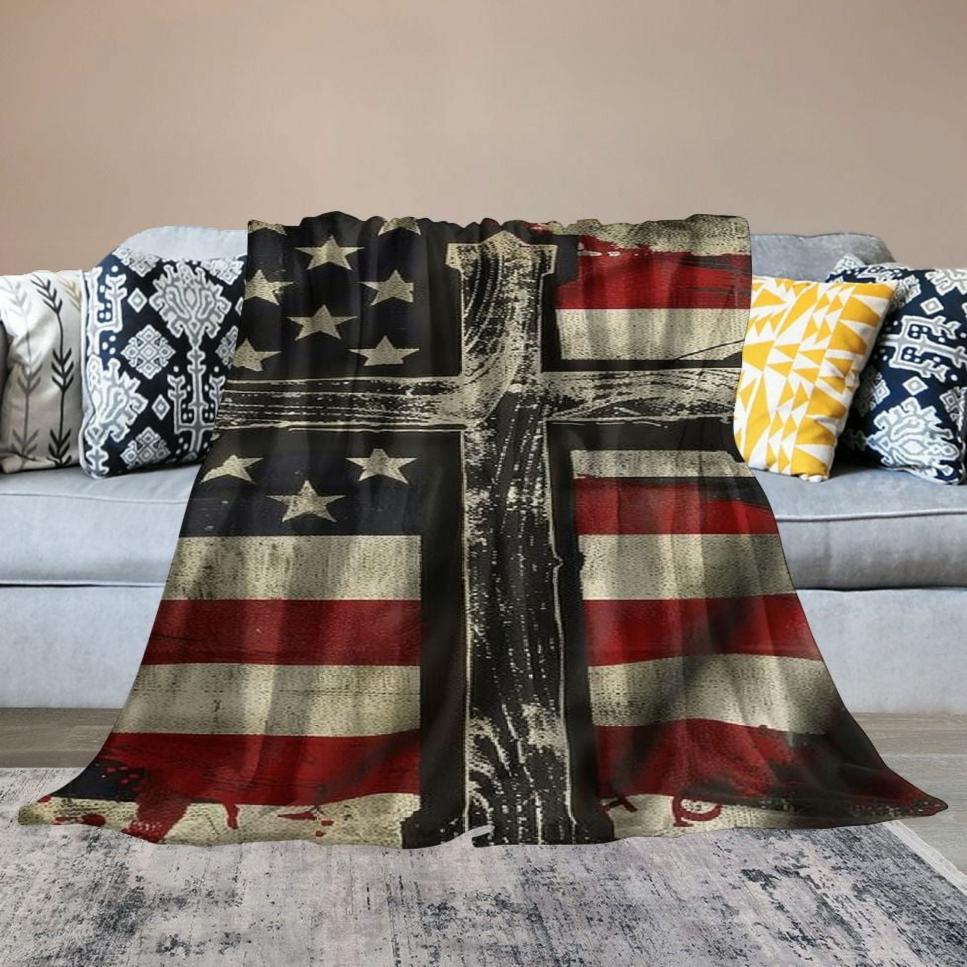 Patifu Christian Cross US Flag Blanket Christ Religious Decor Throw Blanket Jesus Faith Inspirational Blanket Gifts for Women Men Winter Bedding Warm Soft Plush Fleece Flannel Blanket for