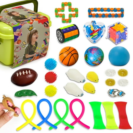 Sensory Toys Set, Donerton 34pcs Relieves Stress and Anxiety Fidget Toy for Children Adults, Hand Toys, Soybean Squeeze, Flippy Chain, Sensory Rings, Marble and Mesh, Party Toys, Toy with Storage Box