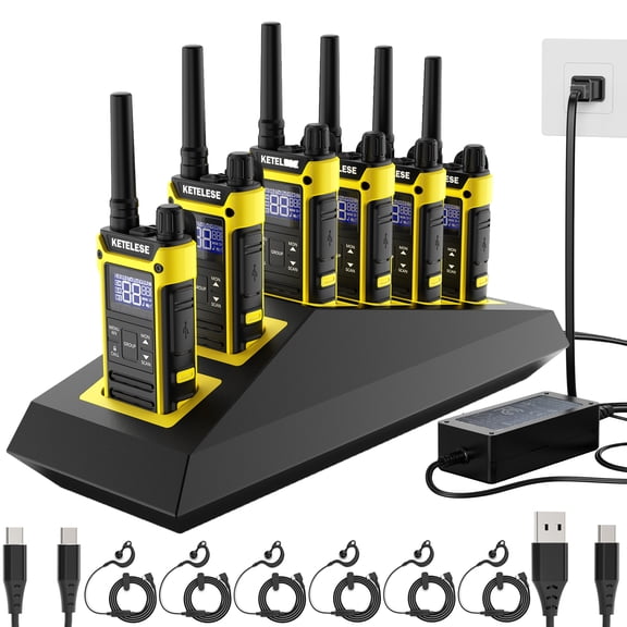 KETELESE T3F Walkie Talkie IP67 Waterproof, FRS 22 Channel Two Way Radio with Earpiece, Charge Dock, NOAA, VOX, Black/Yellow, 6Pack