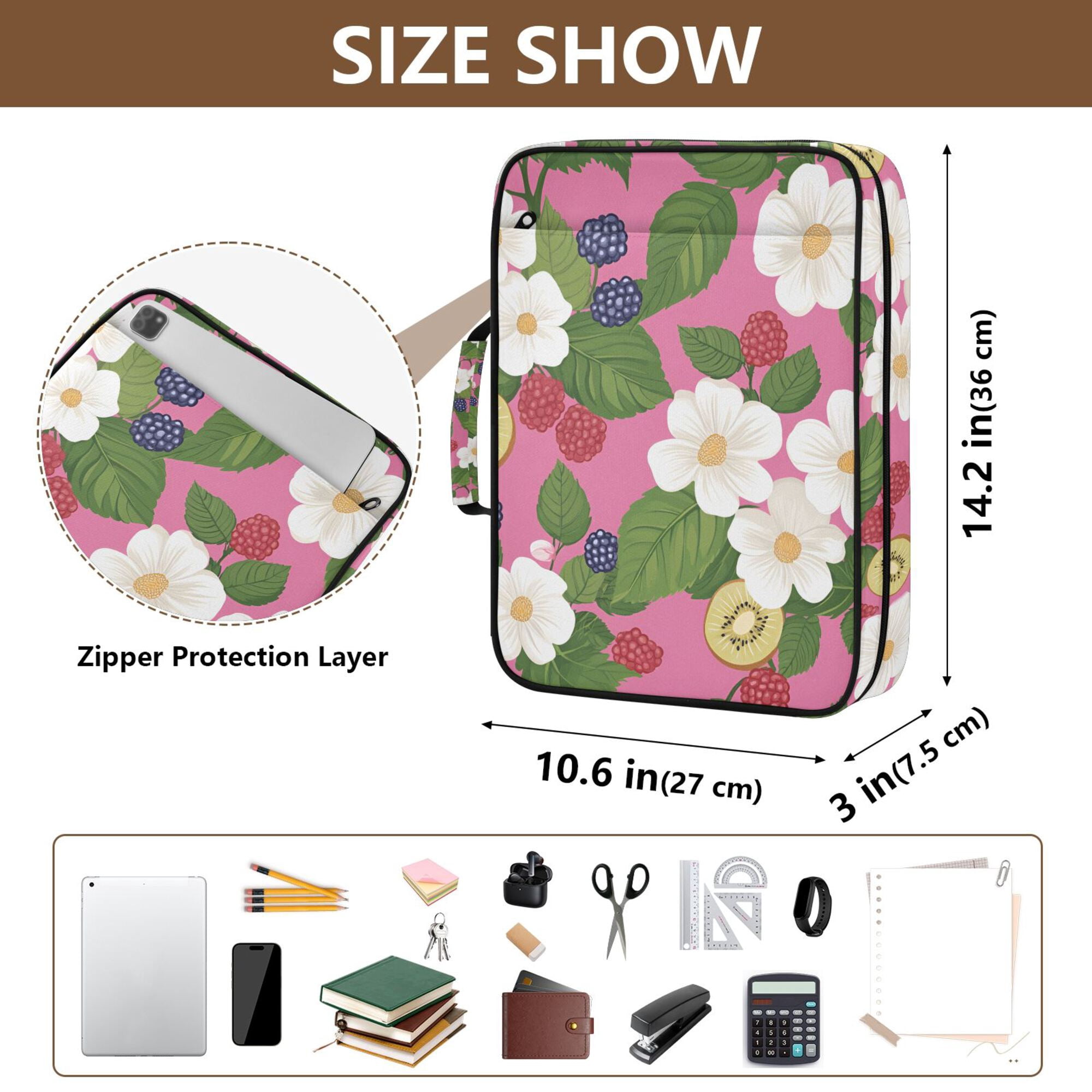 FORMRS Accordion File Folder A4 Size 7-Pocket Expanding Document Organizer Bag with 3 Ring Binder, White Flowers