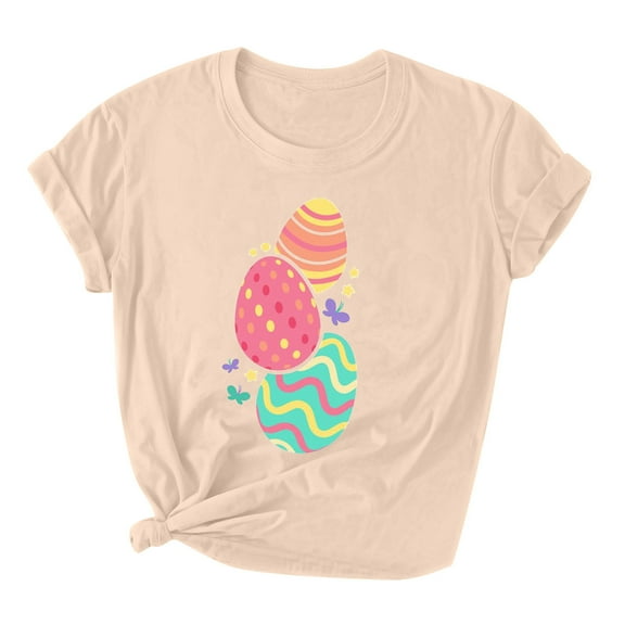 Easter Short Sleeve Round Neck Shirts Women Casual Cute Print Tee Summer Lightweight Pullover Tops (S, A Beige)