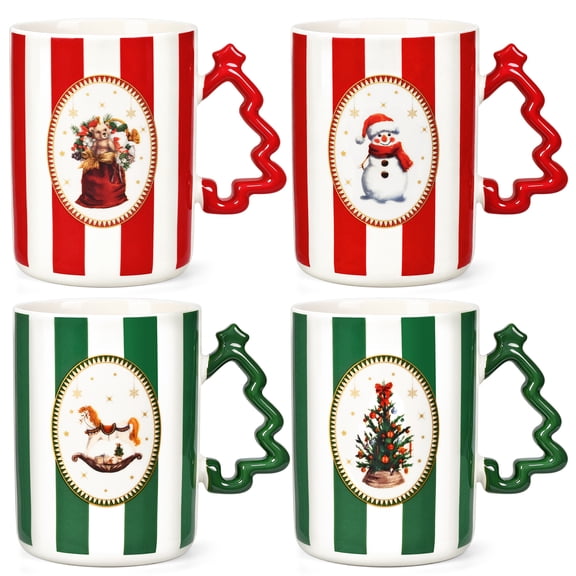 Natubeau Christmas Mug Set of 4, Christmas Gifts for Ceramic Mugs, Christmas Tree Snowman Mugs, Christmas Mugs Gifts, Birthday Gifts, Coffee Mugs Tea Cup, Red&Green, 13 fl oz