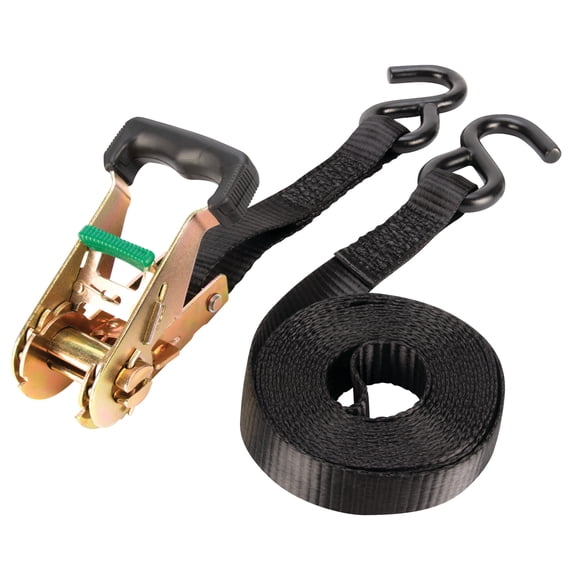 Performance Tool W1856 1-in X 14-ft Ratcheting Tie Down Strap: 1000 lb Load Limit, 3000 lb Break Strength, Strong Poly Webbing, Padded Comfort Ratchet Handle, Vinyl Hooks, Heavy Duty, Black