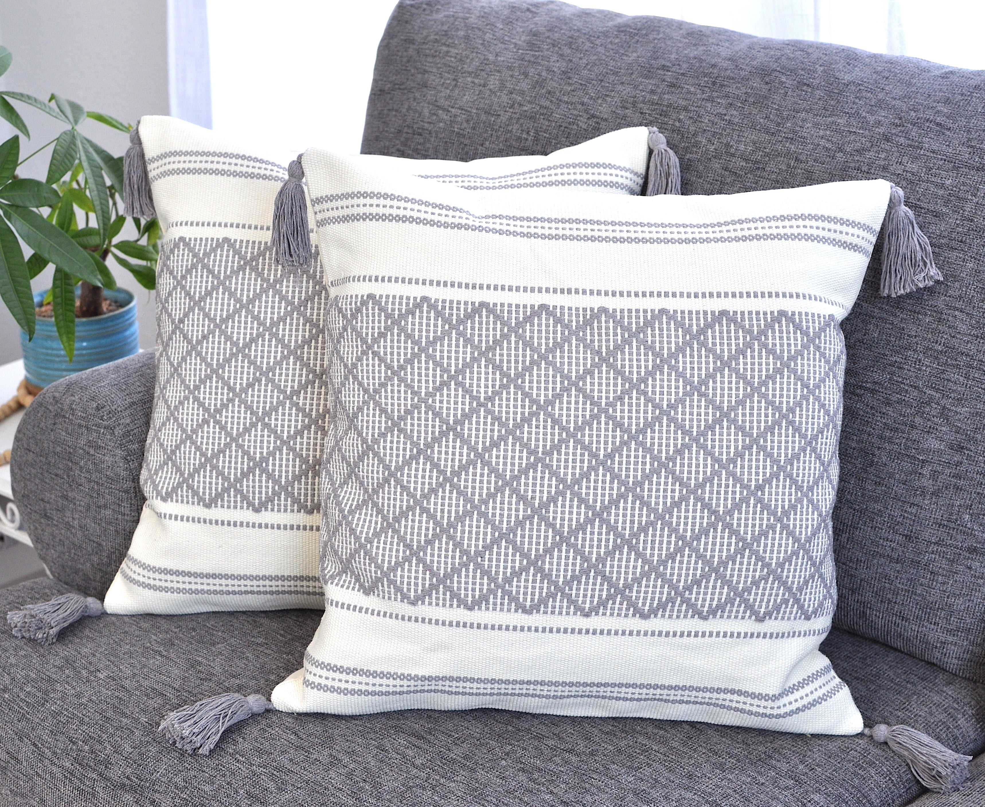 Decorative Boho Tassels Throw Pillow Covers Grey, 20x20 inch -Set of 2)/ Designer Plaid Woven Cushion Covers for Couch/ Farmhouse Gray Accent Square Pillow Cases