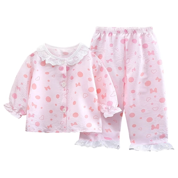 Emitonse Toddler Girl Fall Outfits Girls Mid Length Sleeve Long Pants Set Comfortable Breathable Heart Print Girls Home Sleepwear Set Pink,Size 5-6 Years