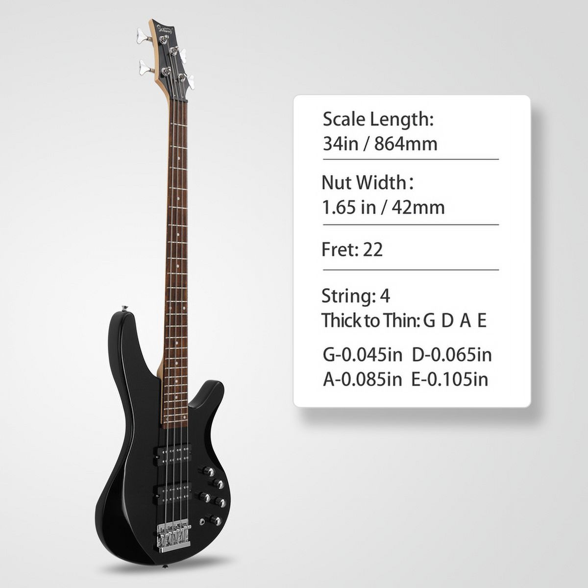 44 Inch GIB 4 String H-H Pickup Laurel Wood Fingerboard Bass Guitar with Bag and other Accessories Black