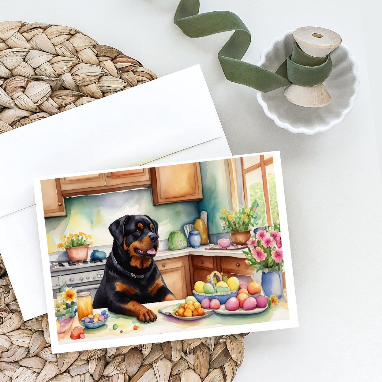 Carolines Treasures DAC6887GCA7P 5 x 7 in. Decorating Easter Rottweiler Greeting Cards - Pack of 8