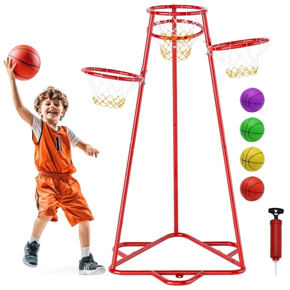 Bruce&Shark Kids Basketball Hoop Portable Basketball Stand Toys Basketball Indoor Outdoor, Portable Basketball with 4 Hoops at Varying Heights and 4 Balls Toy Set for Age 3 Years and Up