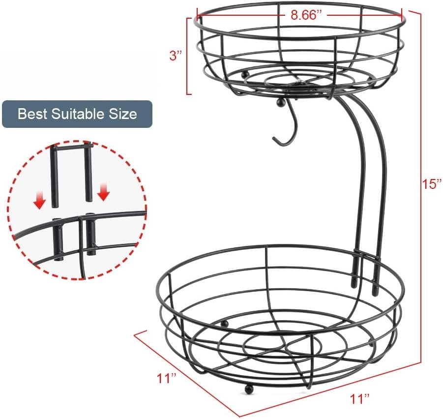 Iron 2-Tier Countertop Fruit Vegetables Basket Bowl Storage With Banana Hanger, Black, 64 ounces