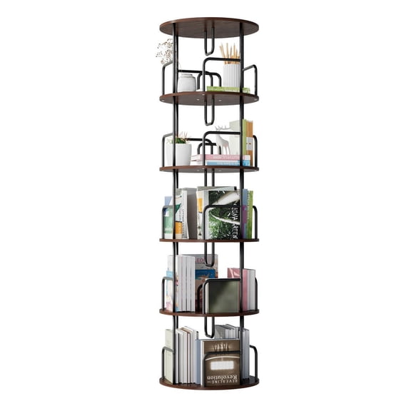 Barara King Revolving Bookcase Tower, 5-Tier Rotating Shelf with Narrow Round Storage for Home Office, Brown