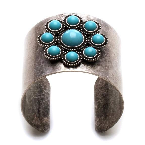 Vintage Style Turquoise Flower Wide Cuff Bracelet - Antique Silver Statement Jewelry Bracelet Silver