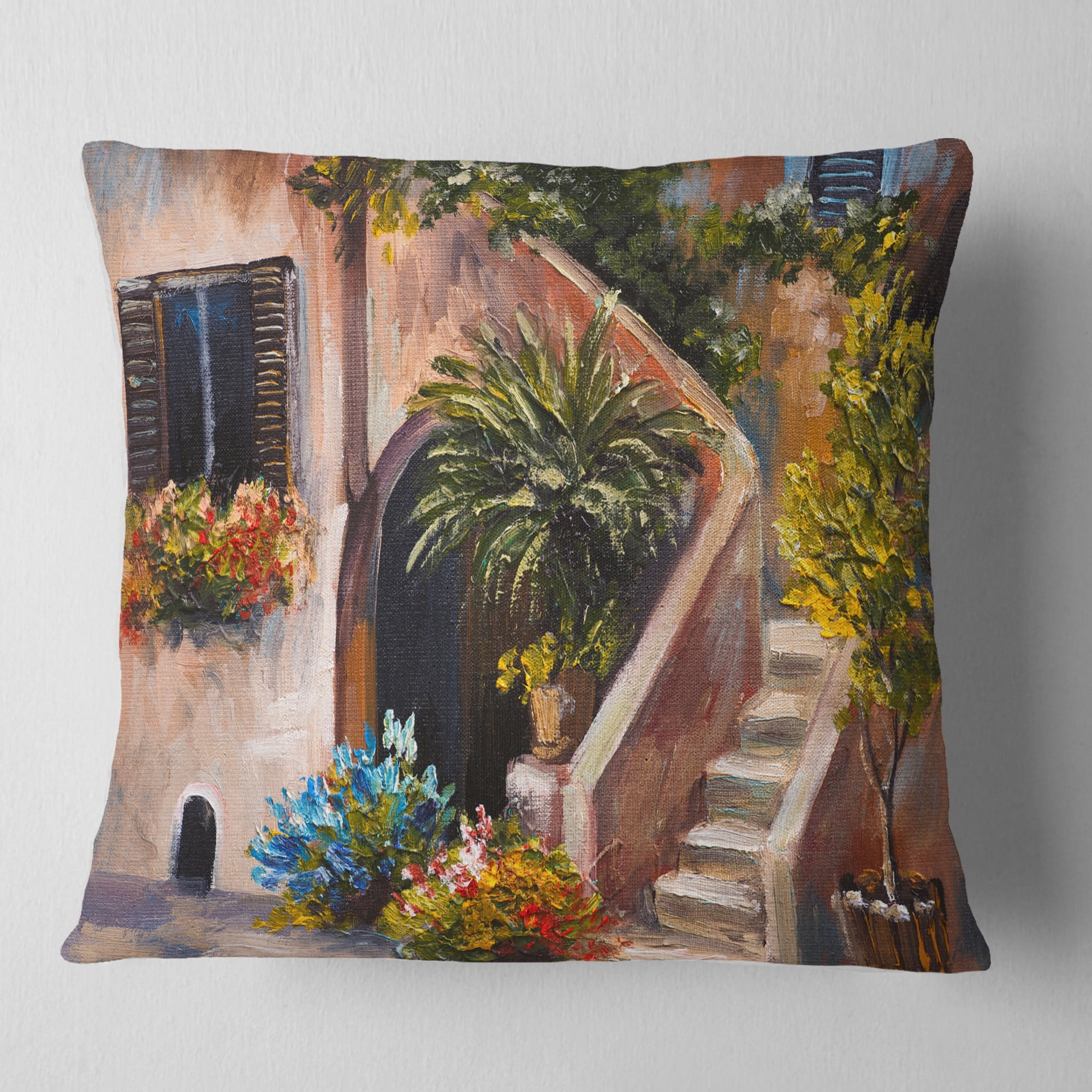Designart Summer Terrace - Landscape Printed Throw Pillow - 16x16
