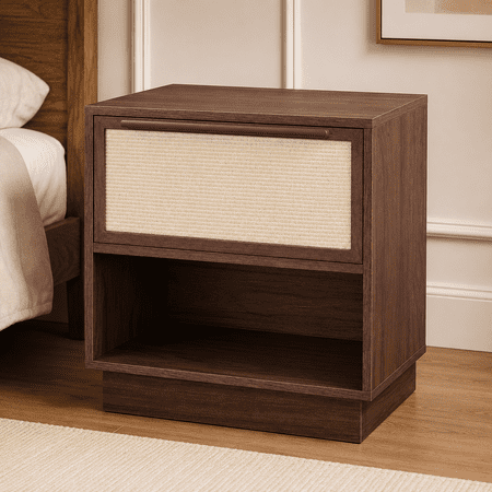 YAURA Rattan-Look Nightstand with Drawer & Open Shelf 22 Wide Wood Bedside Table Boho Japandi Side Table with Woven Front Layered Storage for Bedroom & Living Room