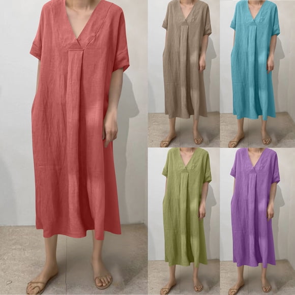 Sentmoon Linen Maxi Dress Wedding Short Sleeve V Neck Dress for Women Solid Color Breathable Regular Fit Vacation Dresses for Women Hawaii for Work and Office M