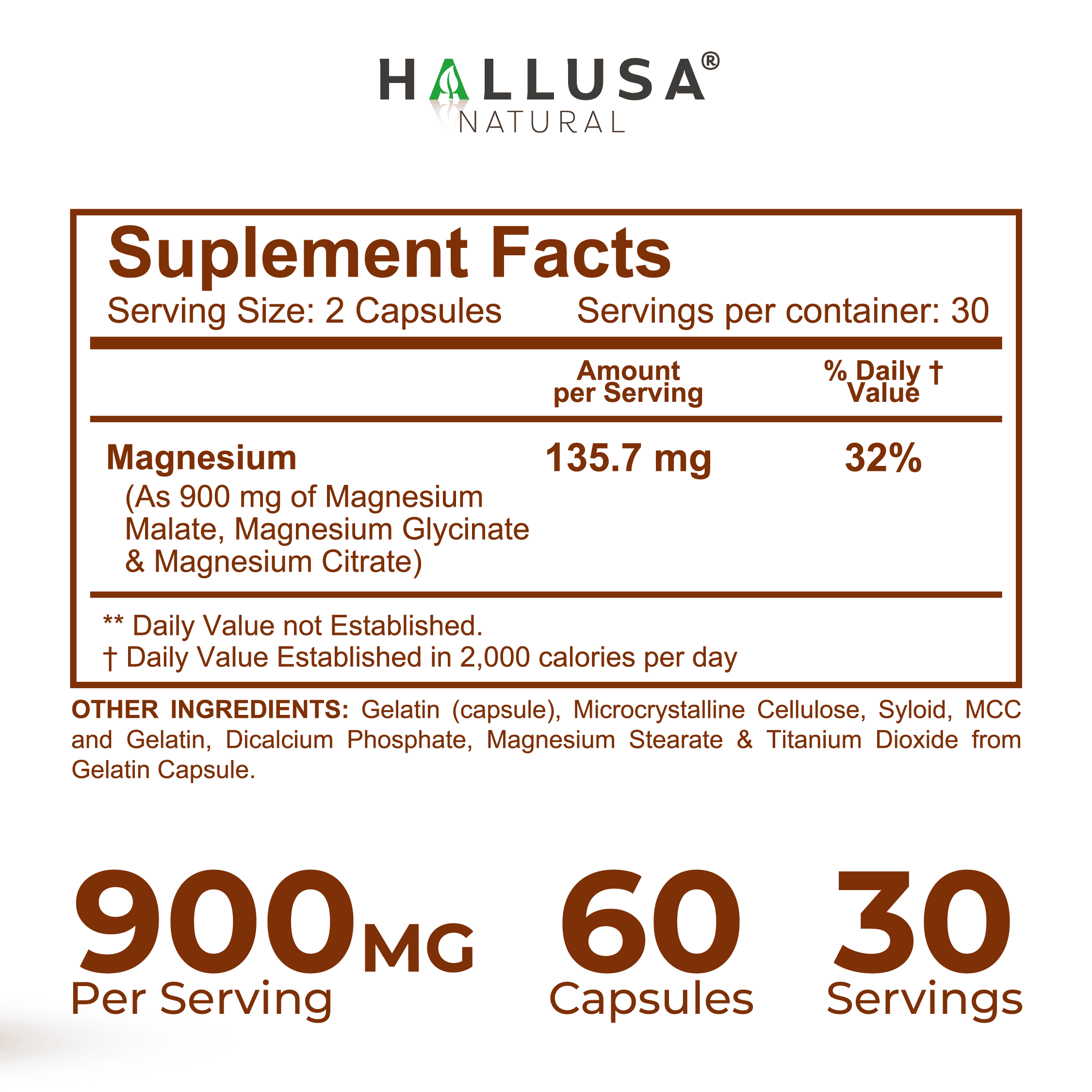 HALLUSA NATURAL Magnesium Complex Capsules 135mg with Malate, Citrate, Glycinate - 60 Count